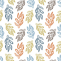 Autumn fall vector seamless pattern. Abstract leaves. Green, blue, orange  colors. Isolated design elements. Seasonal background. Wallpaper, wrapping paper, textile, scrapbooking. Flat cartoon design.