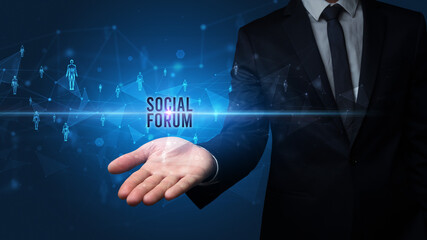 Elegant hand holding SOCIAL FORUM inscription, social networking concept
