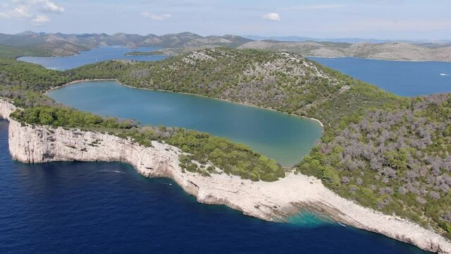 Aerial view of Saltwater Mir Lake at Dugi Otok Island in Croatia, Europe