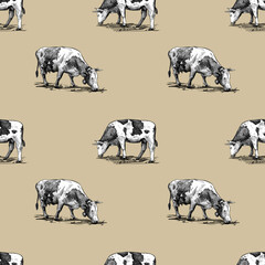 Domestic cows seamless pattern hand drawn in a graphic style. Vintage digital engraving illustration for poster, web, packaging, branding, flyer, print. Isolated on pastel background