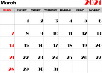 Calendario mes Marzo 2021 en ingles