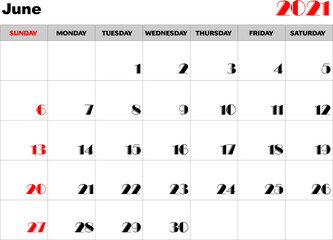 Calendario mes Junio 2021 en ingles