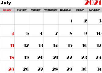 Calendario mes Julio 2021 en ingles