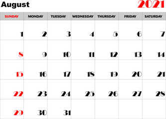 Calendario mes Agosto 2021 en ingles