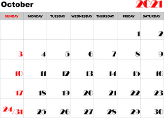 Calendario mes Octubre 2021 en ingles