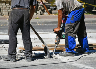 Men are working at the road construction