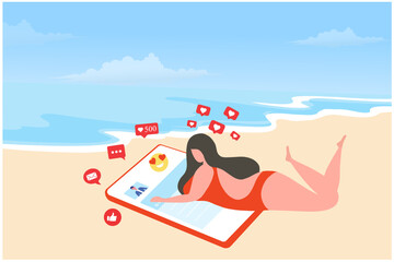 Red bikini woman lying on smartphone on beach view background. Social media addiction concept 