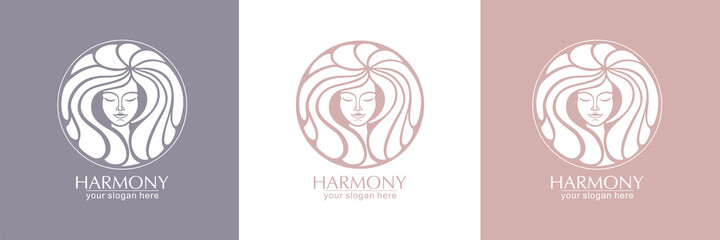 Female face logo. Emblem for a beauty or yoga salon. Style of harmony and beauty. Vector illustration