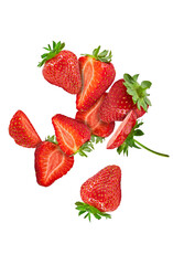 Appetizing strawberries whole, cut in half and sliced isolated on white background. Close up, copy space, top view