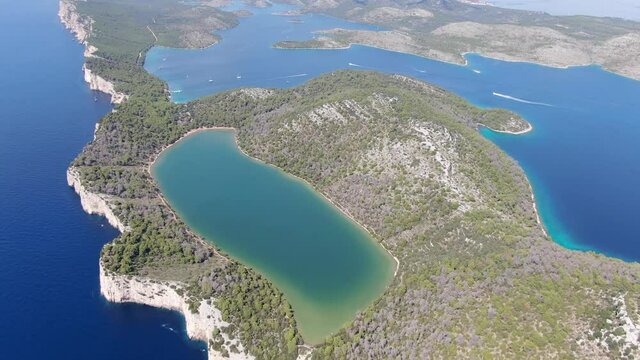 Aerial view of Saltwater Mir Lake at Dugi Otok Island in Croatia, Europe