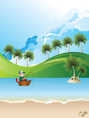 Picturesque tropical island beach scene with fisherman in boat set against a blue cloudy daytime sky