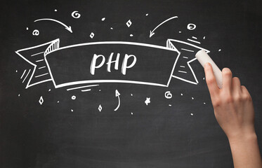 Hand drawing PHP abbreviation with white chalk on blackboard