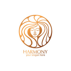 Female face logo. Emblem for a beauty or yoga salon. Style of harmony and beauty. Vector illustration