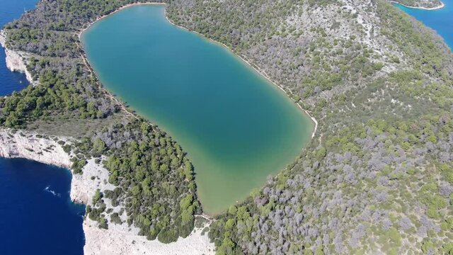 Aerial view of Saltwater Mir Lake at Dugi Otok Island in Croatia, Europe