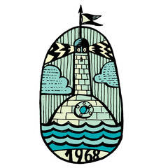 old emblem with a lighthouse that emits light rays from 1968