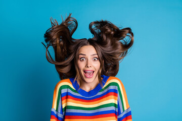 Close up photo of astonished cheerful girl her haircut fly air wind throw impressed wonderful...