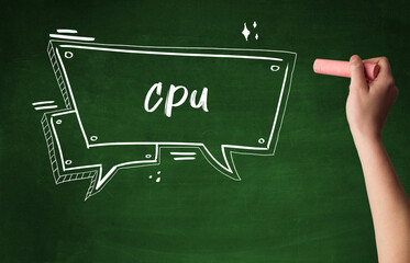 Hand drawing CPU abbreviation with white chalk on blackboard