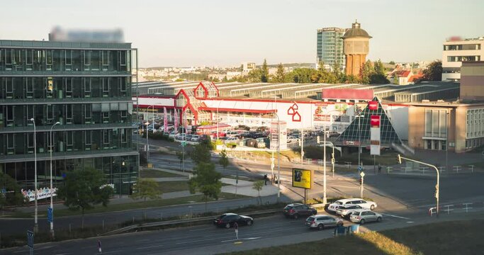 Prague Pankrac timelapse of traffic on street and crossroad, city traffic in Czech Republic, static view
