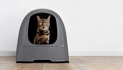 Bengal cat sitting in a closed litter box and looking to the camera. Panoramic image with copyspace.