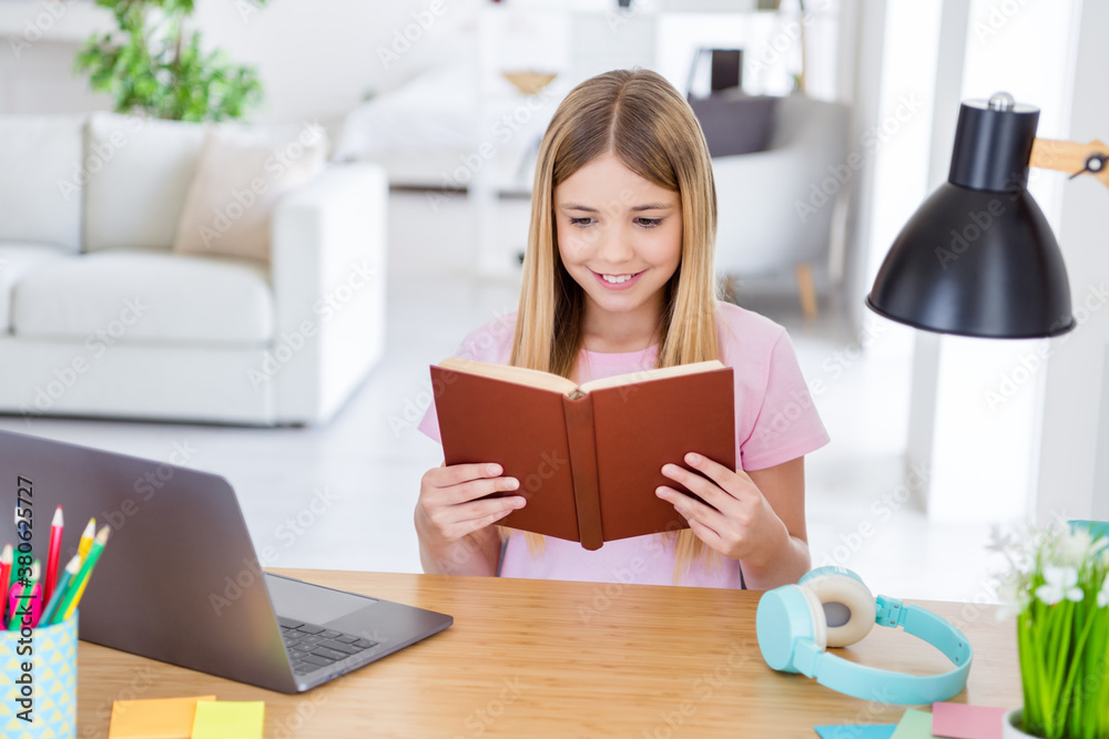 Poster photo of positive kid girl sit table desk study remote prepare exam read book in house indoors livin