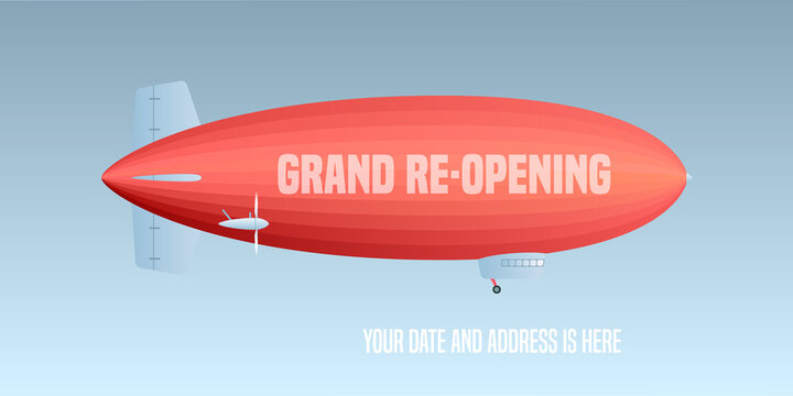 Vector retro blimp with wavy advertising banner for grand opening or re-opening illustration