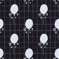 Simle creative seamless balloon pattern. Birthday print with hearts silhouettes on dark chequered background.