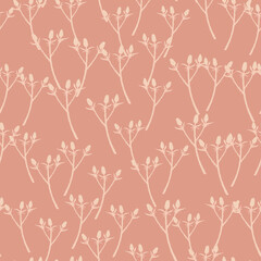 Random pale seamless thorn branches pattern. Botanic style with light ornament and soft pink backround.