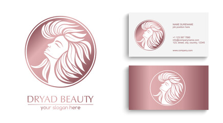 Dryad. Female face logo in profile with leaf hair. Emblem for a beauty or yoga salon. Style of harmony and beauty. Vector illustration