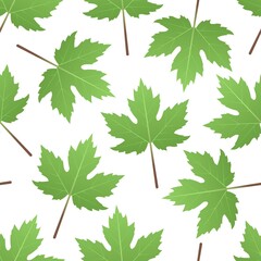 Vector seamless pattern with maple green leaves. White background.  Flat graphics.