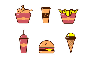 fast food colorful flat design icons set. chicken wings, cocktail, french fries, cheeseburger, coffee, ice cream.