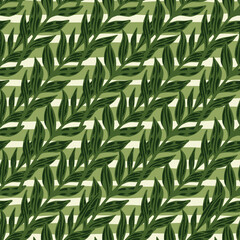 Forest seamless pattern with diagonal foliage ornament. Light stripped background. Botanic artwork in green tones.