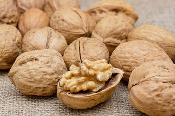 Fresh walnuts on burlap. Healthy food.