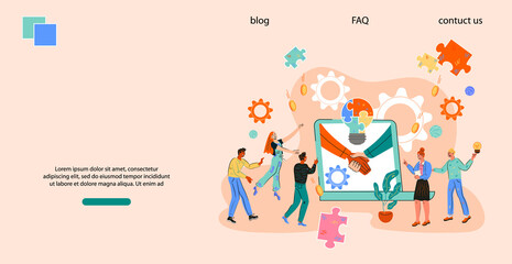 Website page or  banner template with company team is engaged in joint project. Business concept of teamwork and successful cooperation,  corporate negotiations and deal conclusion, flat vector.