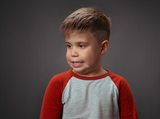 Portrait of a cute boy on an isolated background. Guy looks to the side. High quality photo.