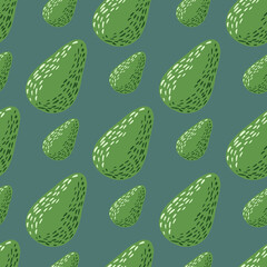 Green colored seamless pattern with avocado doodle elements. Navy blue background.