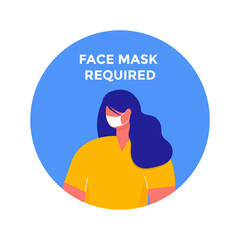 Woman with face mask in rounded frame. Mask required warning prevention sign in circle. isolated vector information picture