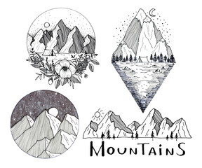 Hand drawn graphic mountains collection