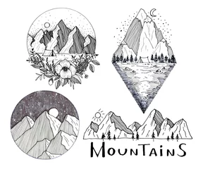 Fotobehang Bergen Hand drawn graphic mountains collection