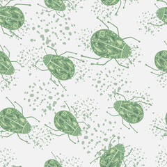 Fototapeta na wymiar Random seamless doodle pattern with hand drawn folk bugs elements. Insect simple shapes in green tones on white background with splashes.