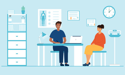 Woman sitting at a therapists appointment. A young doctor talking to a patient. Flat vector illustration