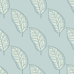 Obraz premium Pastel pallete seamless pattern with outline leaves. Abstract foliage artwork in blue tones palette.