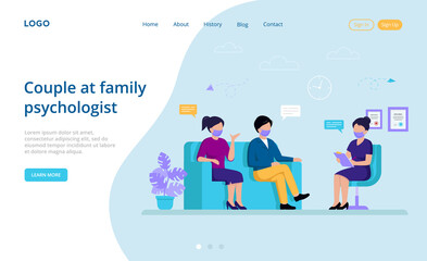 Couple And Family Psychology Concept. Young Couple, Husband And Wife At The Psychologist Session. Female Psychologist Makes Full Assesment Of Problems In Relationship. Flat Style Vector Illustration