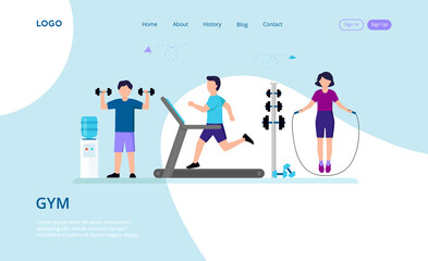 Health And Sport, Fitness And Workout Concept. Male And Female Cartoon Characters Execising, Jumping With Rope, Lifting Dumbbells, Running On A Treadmill In The Gym. Flat Style Vector Illustration