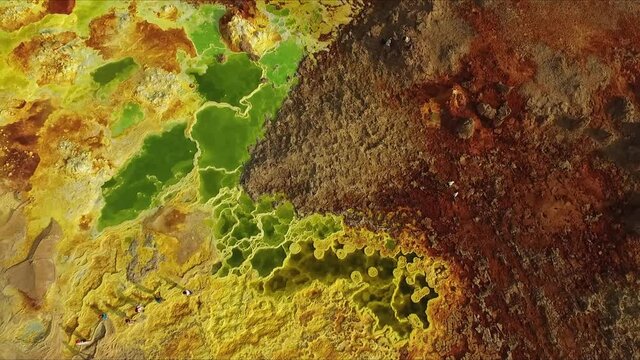 Ethiopia. Flying over abstract patterns of Dallol volcanic crater, surreal natural landscape.