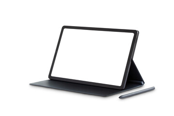 Side view of the new model 10.4" black tablet is placed on the cover with a pen, blank screen with copy space for text and modern technology concept isolated on white background. Clipping path.