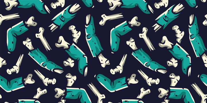 Colored seamless pattern with scary horrible zombie fingers and bones for halloween holiday design. October party banner, poster or postcard