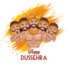 happy dussehra festival poster with ten headed ravana and lettering