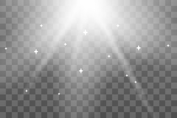 Shining sun glare rays, lens flare vector illustration. Sunlight glowing png effect. White beam sunrays sky background