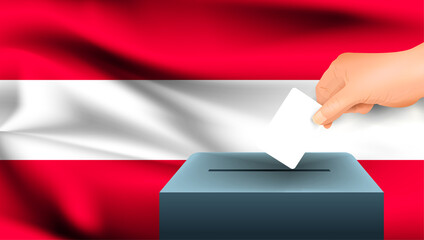 Male hand puts down a white sheet of paper with a mark as a symbol of a ballot paper against the background of the Austria flag. Austria the symbol of elections