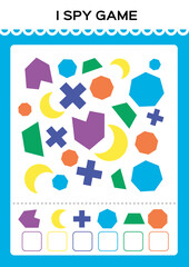 I spy game. Find and Count shapes for toddlers. Counting activity for kids. Educational for kids. Basic Geometrical shapes. Elementary math worksheet.